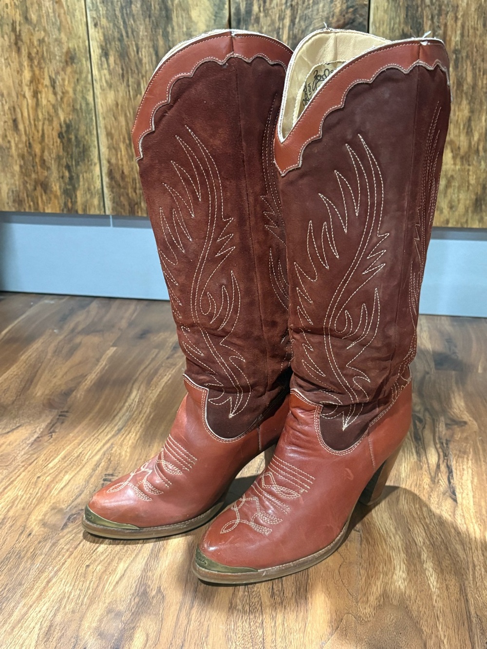 Vintage 80s Zodiac USA Leather Suede Cowboy Boots Tall western Sz 7.5